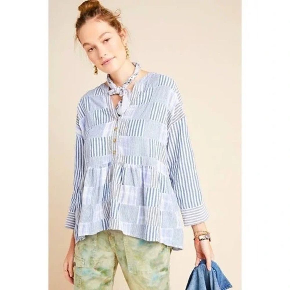 Anthropologie Blue & White Striped Peplum Button-Front Blouse
